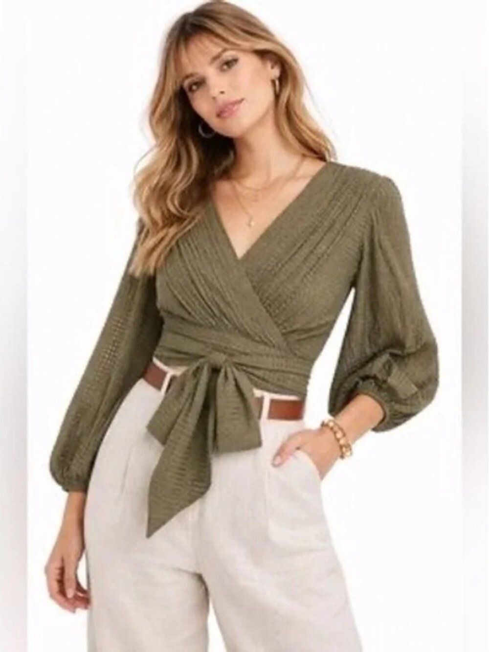 Anthropologie Maeve Cropped Olive Green Wrap Tie Waist Deep V-Neck Top. Size 00